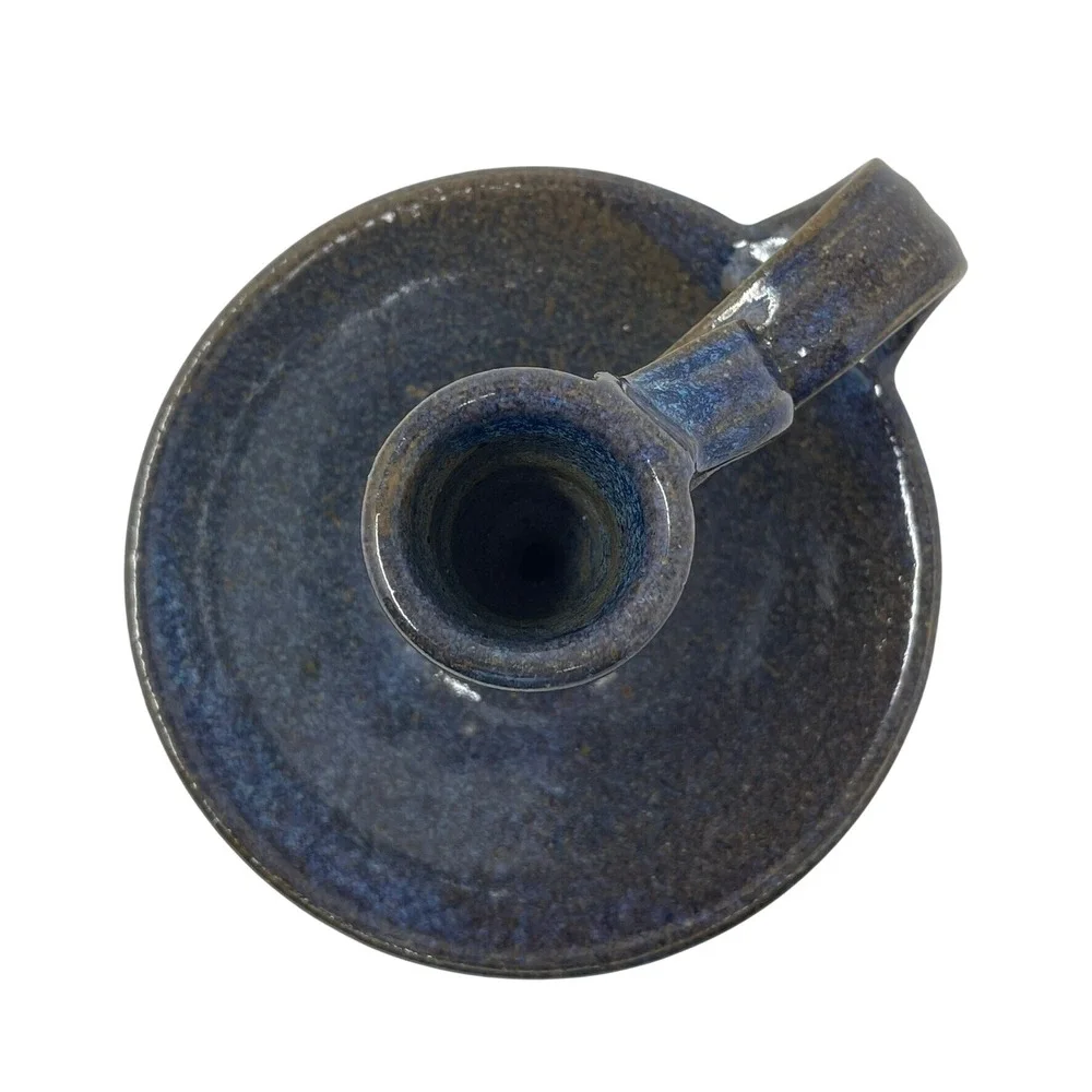 Studio Art Pottery Chamberstick Candle Holder Blue Speckled Rustic Artist Signed